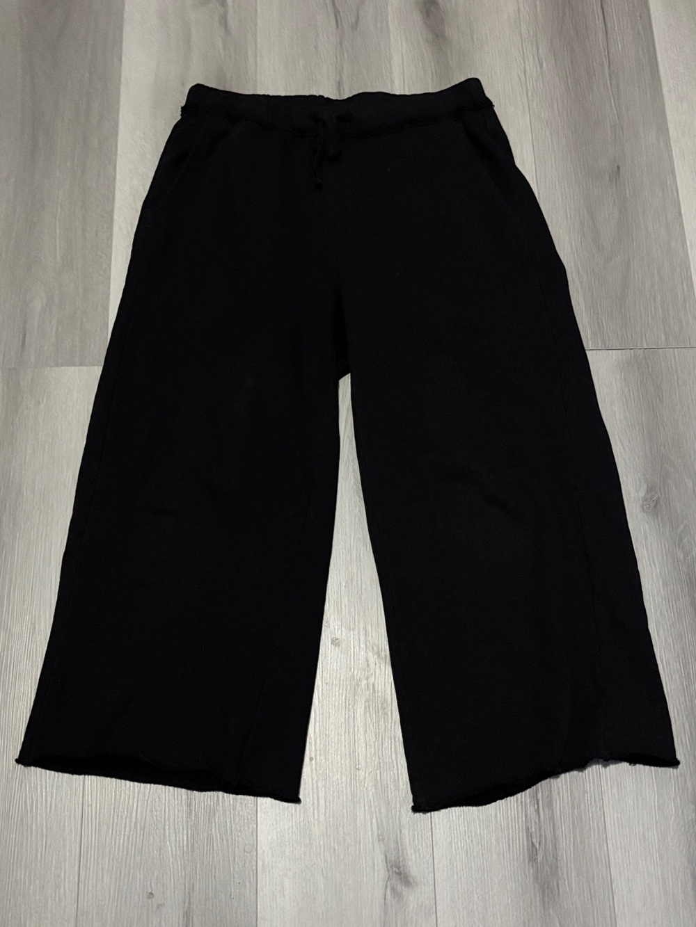 Eileen Fisher Black Wide Leg Crop Pants Knit Jersey Drawstring Size Small Casual